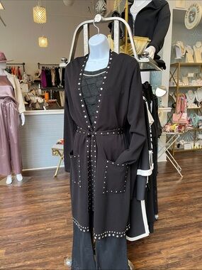 Joseph Ribkoff Black Stud-Trim Long Cardigan Coat with Belt
